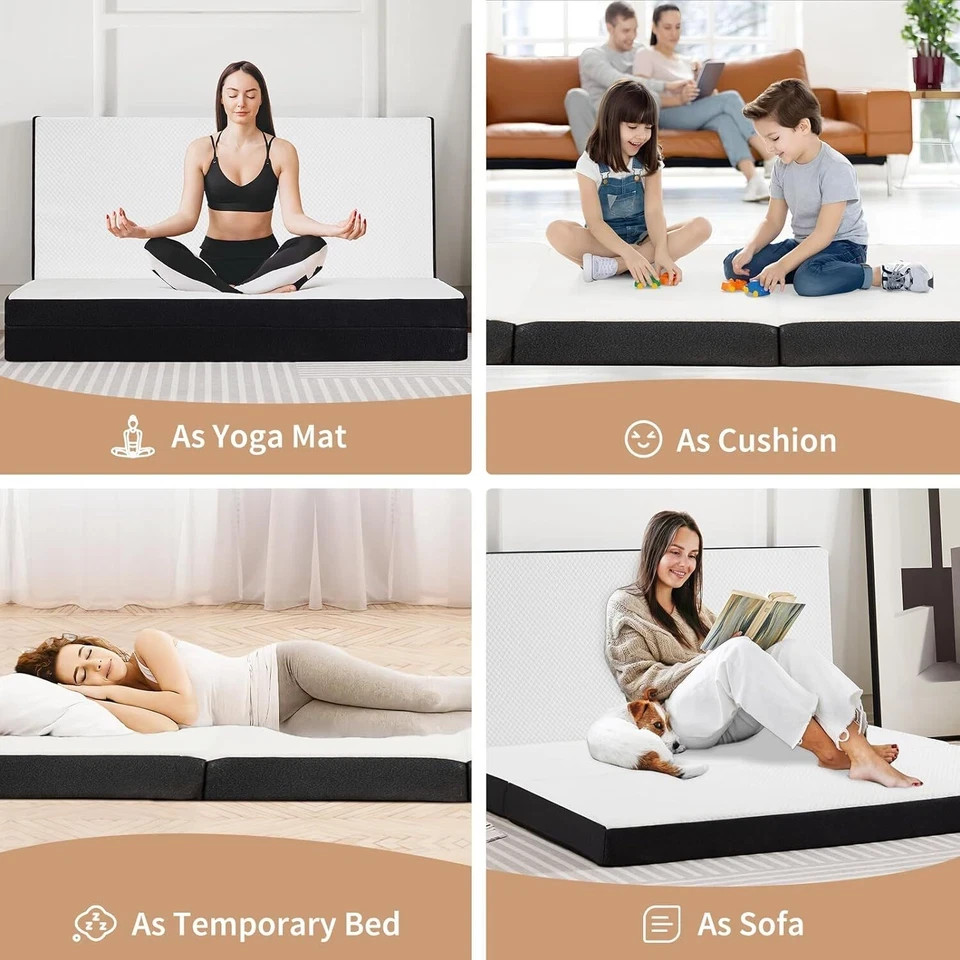 4″ Tri-Fold Memory Foam Mattress Foldable Mattress Topper with Washable Cover