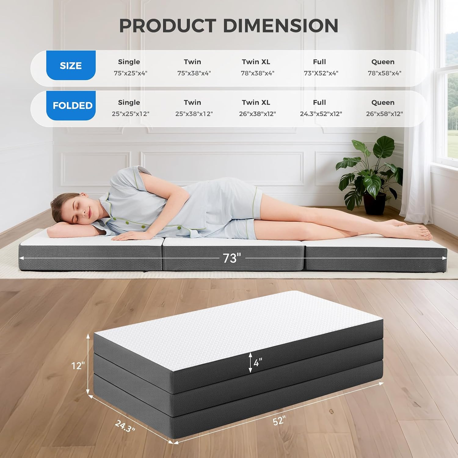 MASVIS Trifold Mattress, 4 Inch Memory Foam Foldable Mattress with Washable Cove