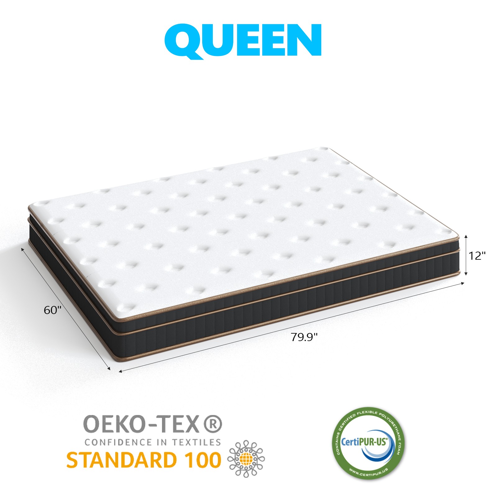 12″ Full Innerspring Mattress, Black Gold Trim, Medium Firm Cooling Breathable