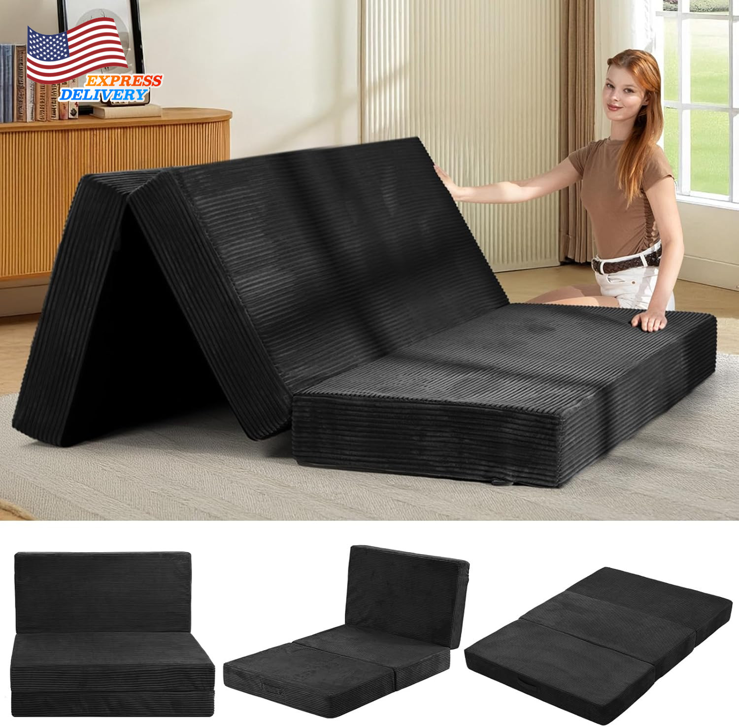Queen Size Tri-Fold Memory Foam Mattress with Washable Cover & Carry Handles