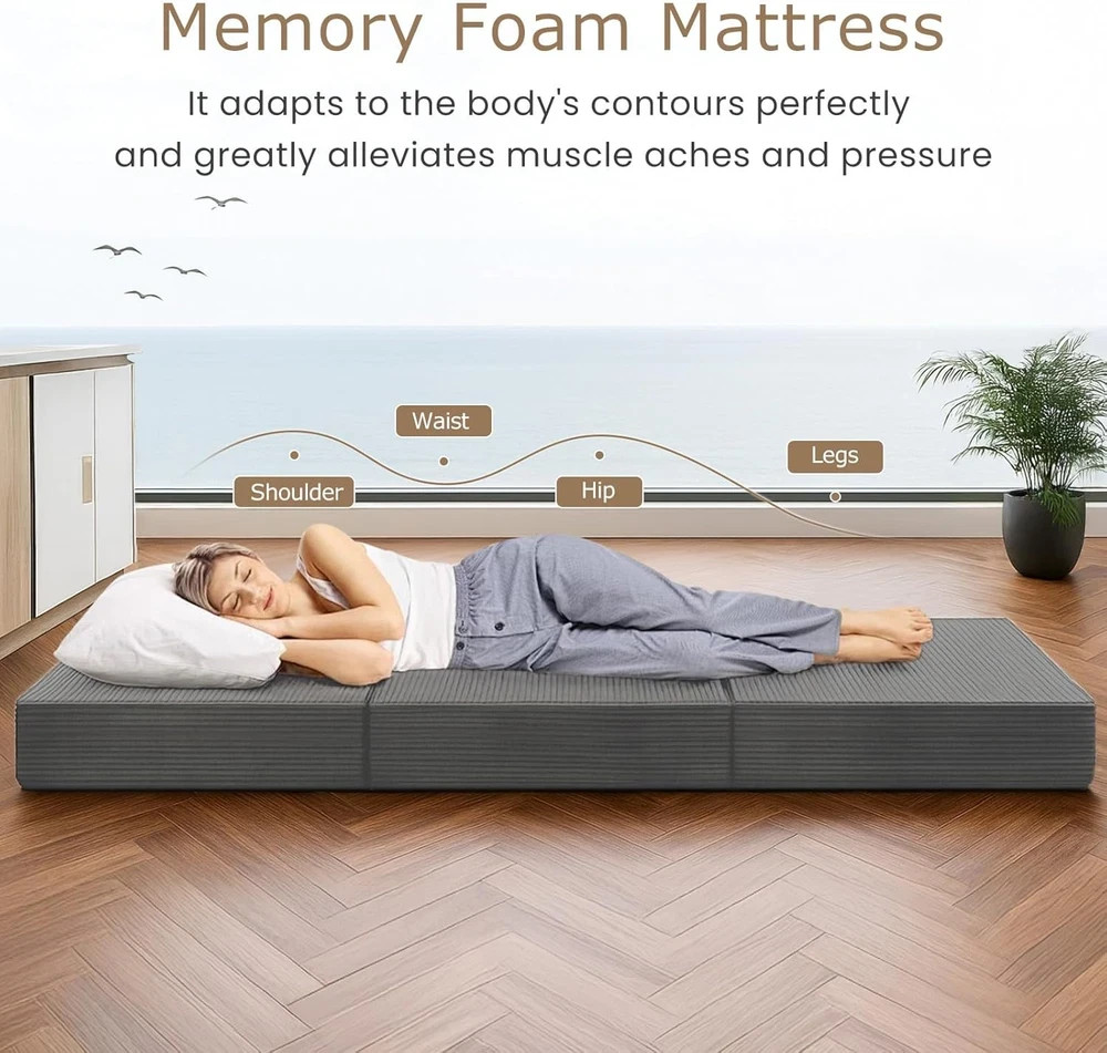 Queen Size Tri-Fold Memory Foam Mattress with Washable Cover & Carry Handles