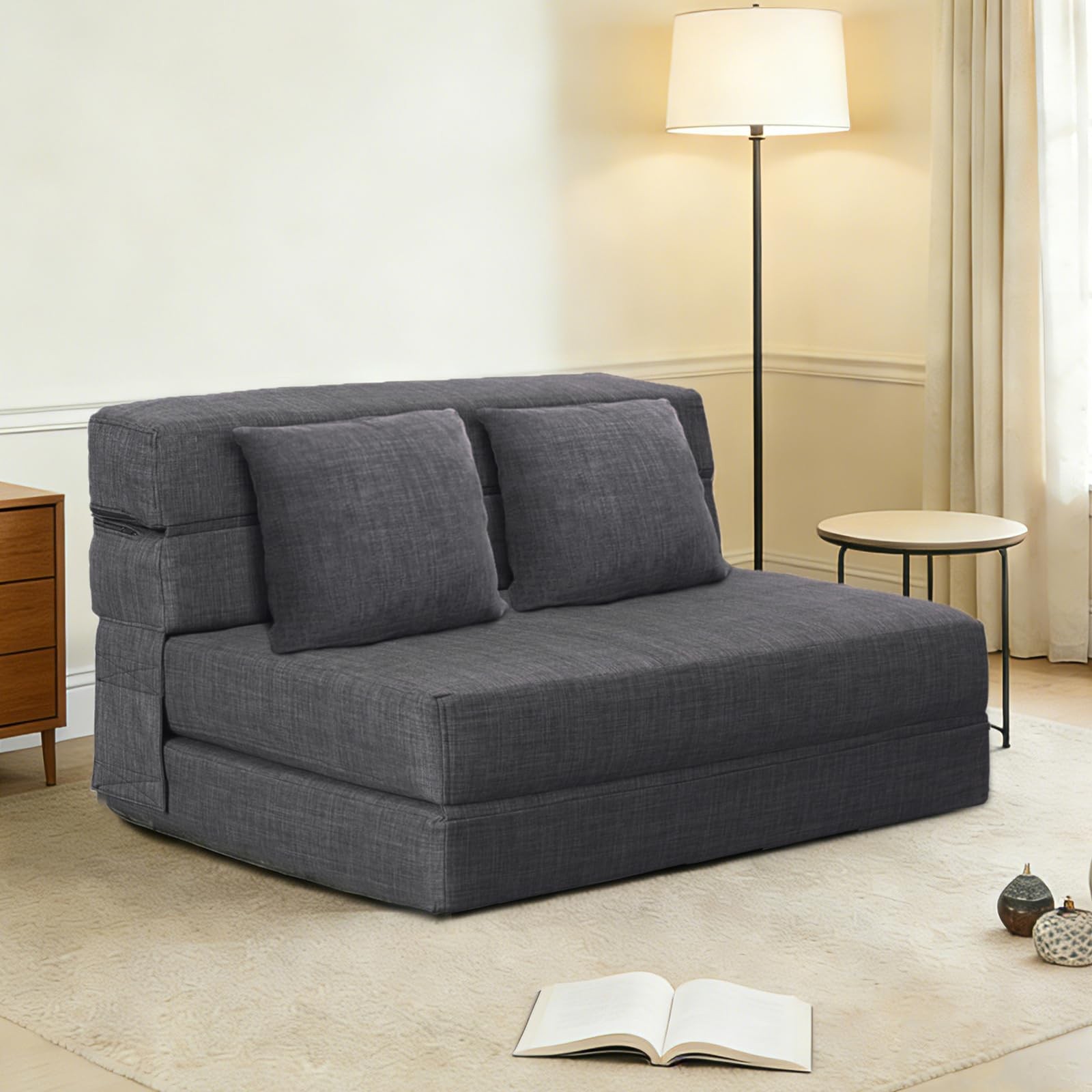 ANONER 60″ Fold Sofa Bed Couch Memory Foam with 2 Pillows Queen, Dark Grey
