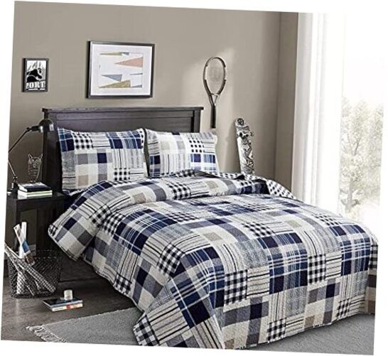 Patchwork Bedding Plaid Quilts Set Size, 3Pcs Buffalo Full/Queen Navy Blue