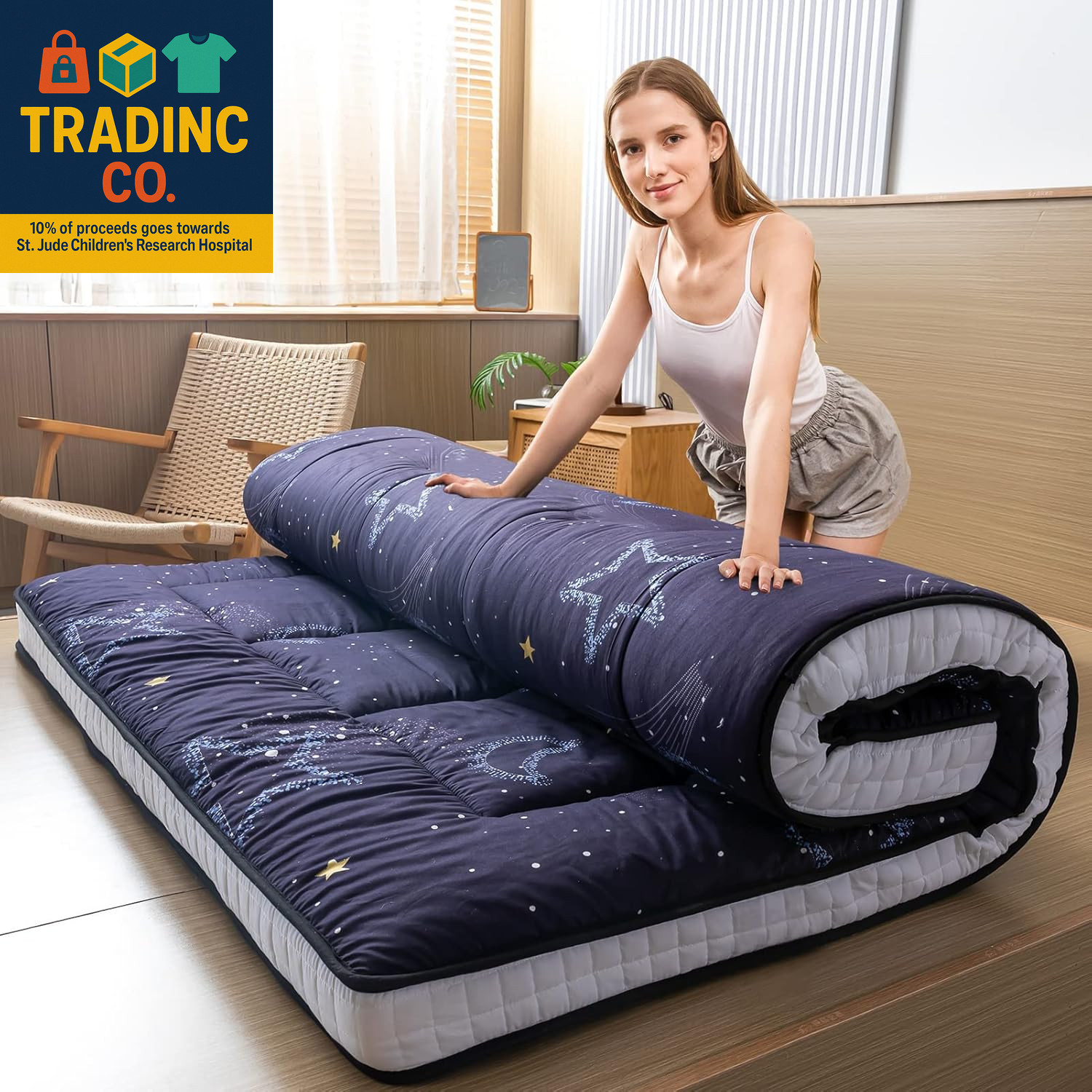 Black Moon and Star Quilted Futon Mattress, Extra Thick Twin Floor Lounger