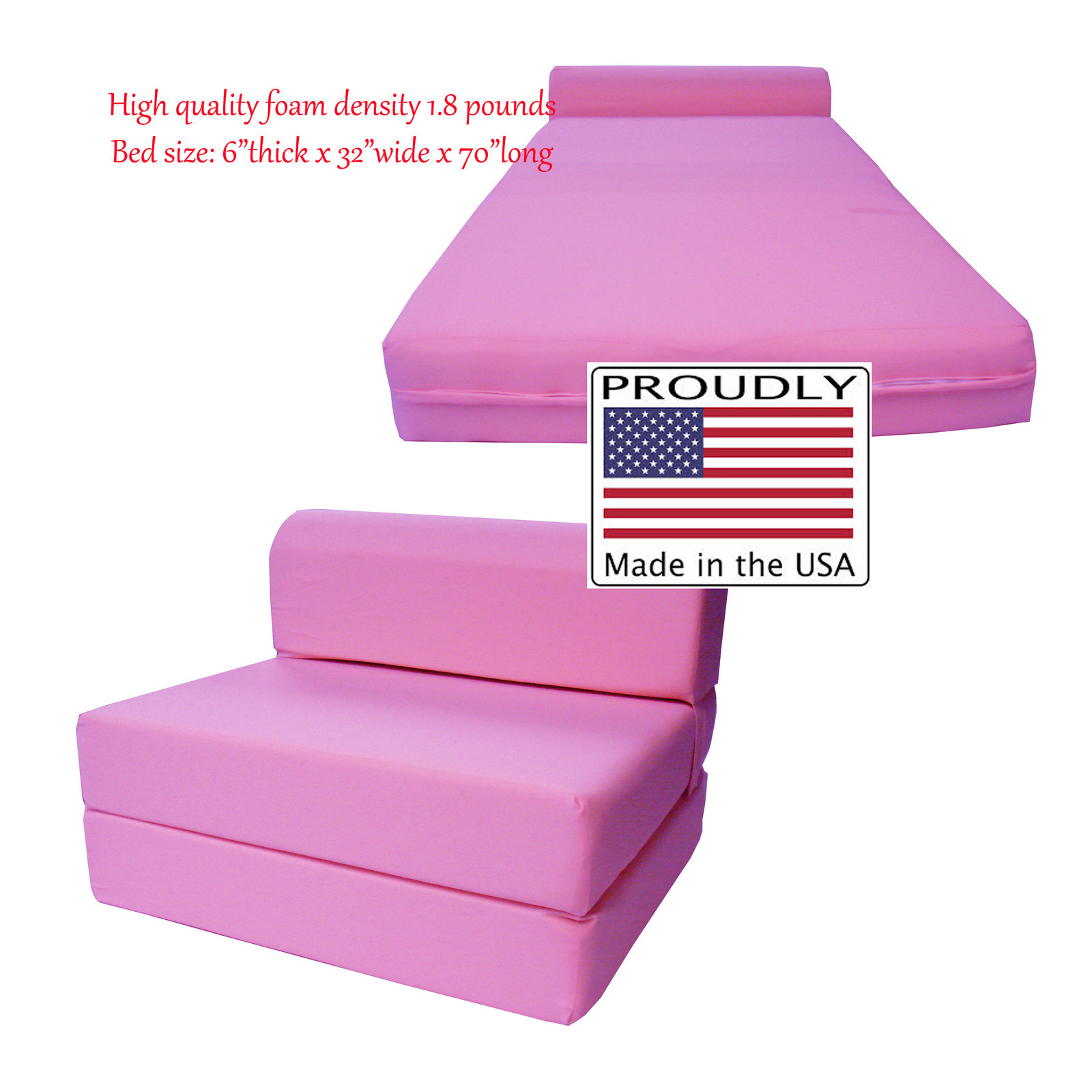 Full 6 x 48 x 72 Flip Chair Folding Foam Beds, Foldable Sofa Bed, Pink