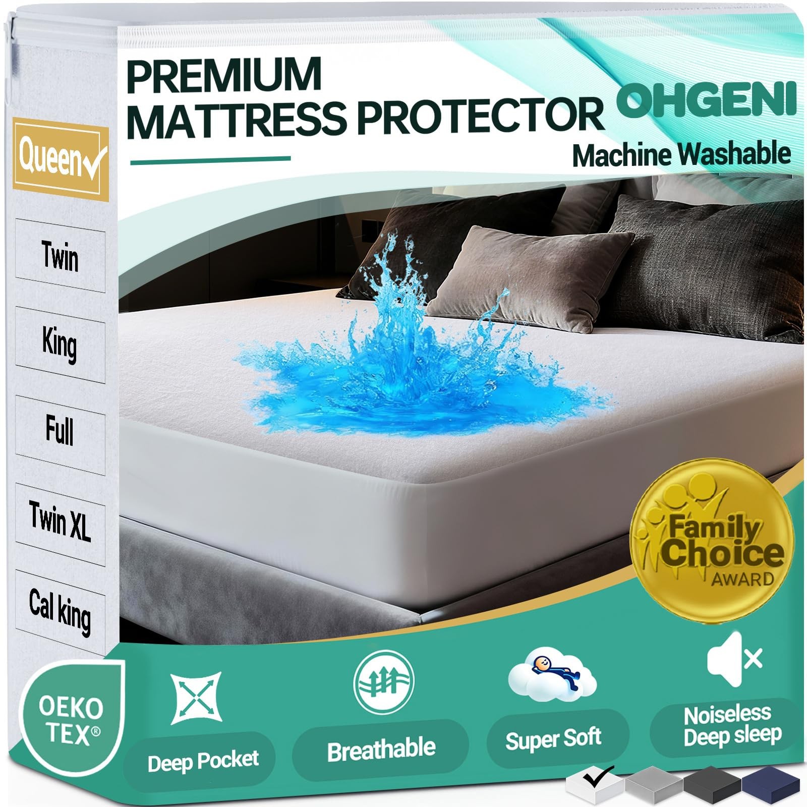 OhGeni Waterproof Mattress Protector, Queen Size Fitted Sheet Queen, White