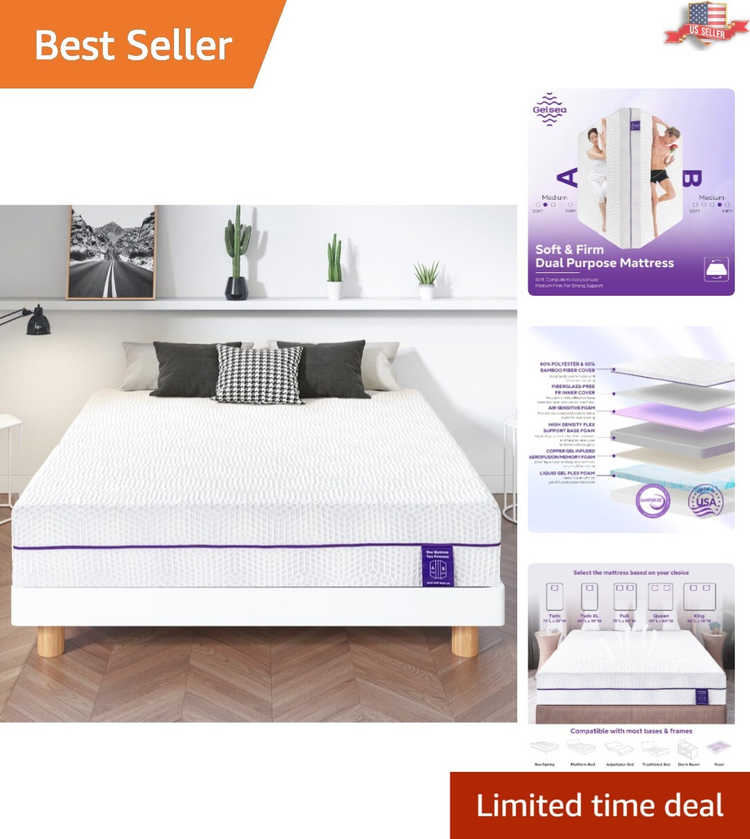 Removable Cover Gel Memory Foam Mattress – 6 Inch Full, Dual Firmness Options