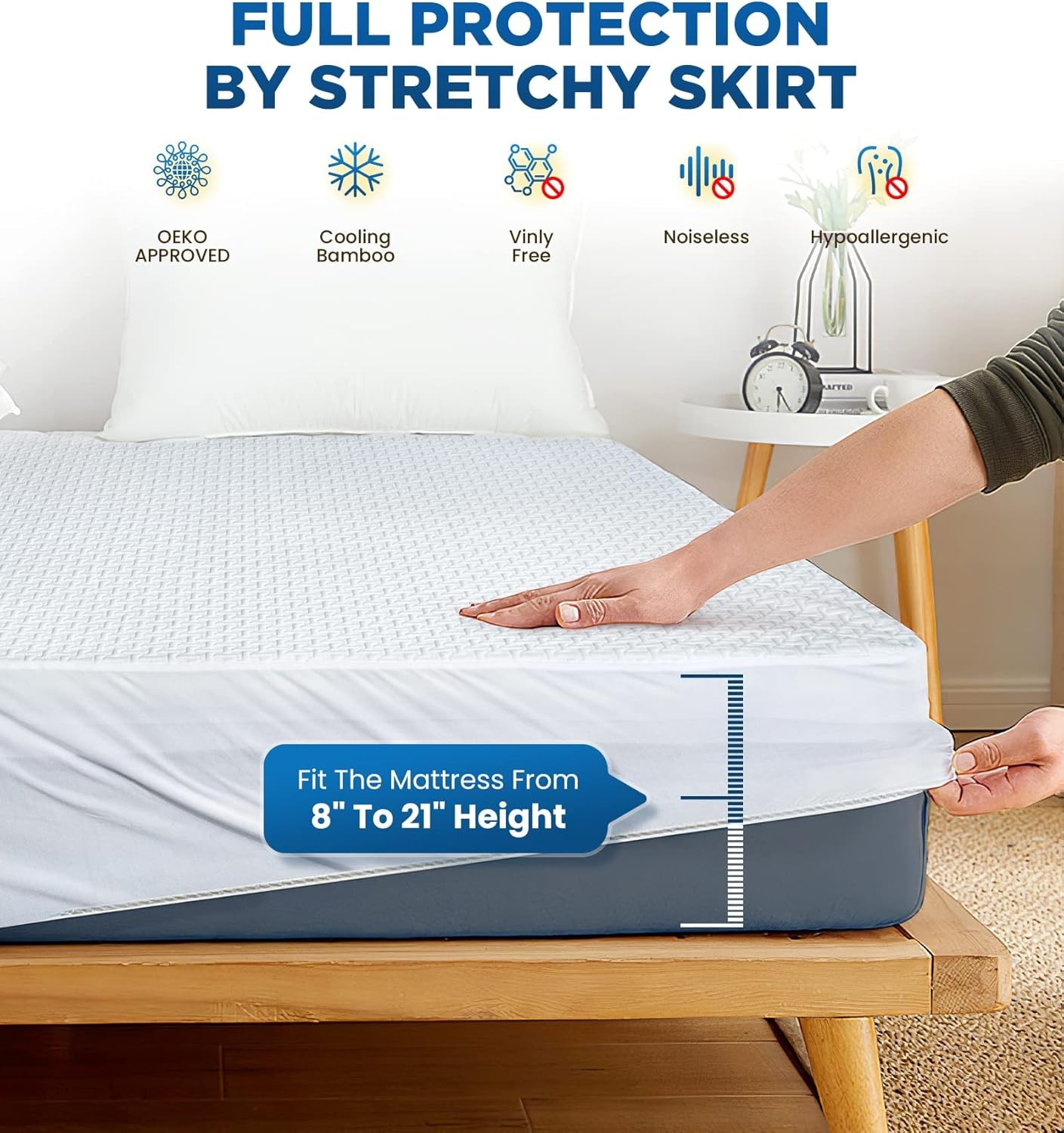 100% Waterproof Queen Mattress Protector Breathable Cooling 3D Queen, White