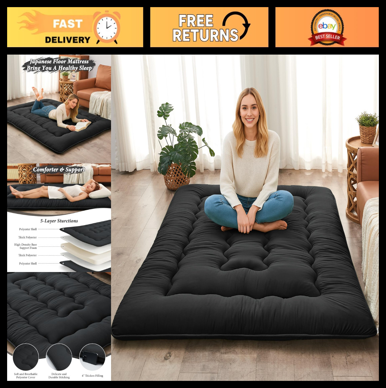 4» Thick Japanese Floor Mattress – Foldable Futon Sleeping Pad for Camping & Gu