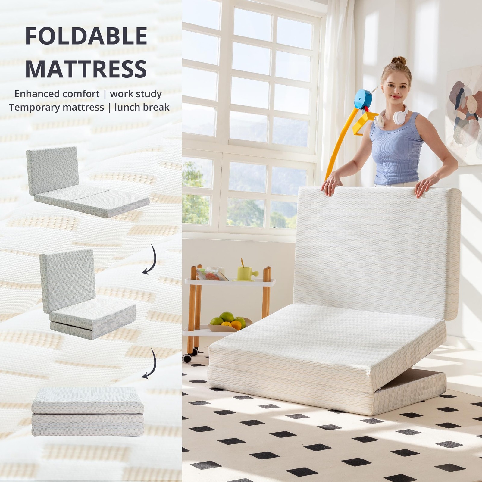 Folding Mattress, 4 inch Trifold Mattress Topper with Washable Cover and Stor…