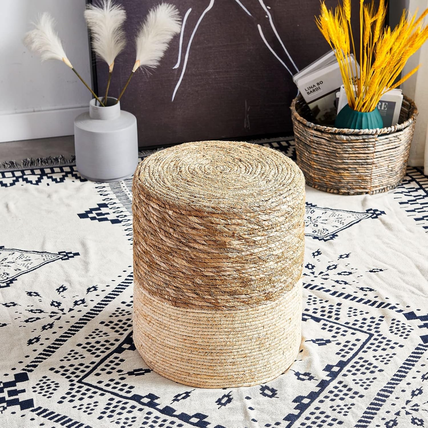 Pouf Ottoman, Handwoven Seagrass Braided Pouffe, Boho Decor Floor