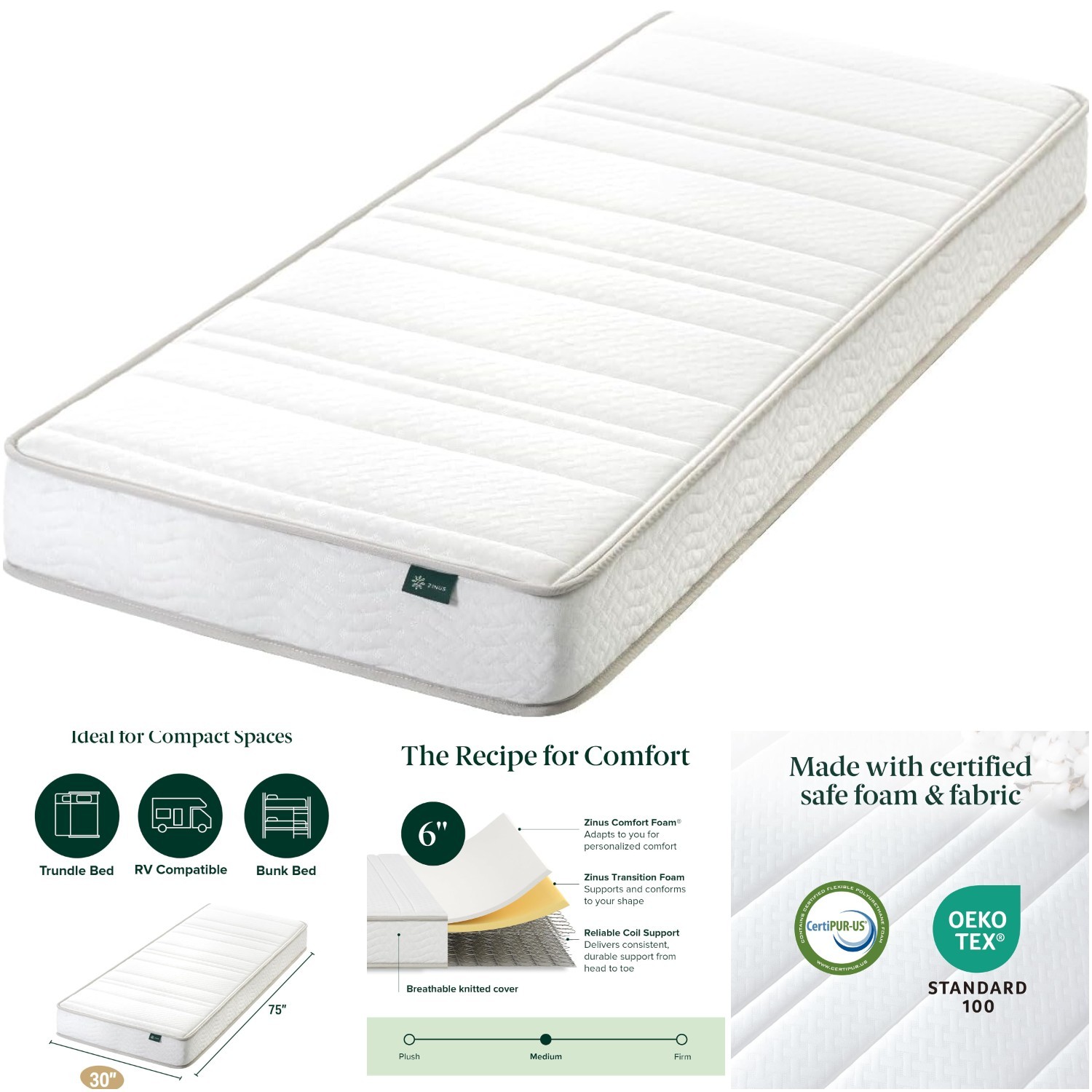 30×75 Inch Narrow Twin Hybrid Mattress 6 Inch Foam Spring Medium Firm