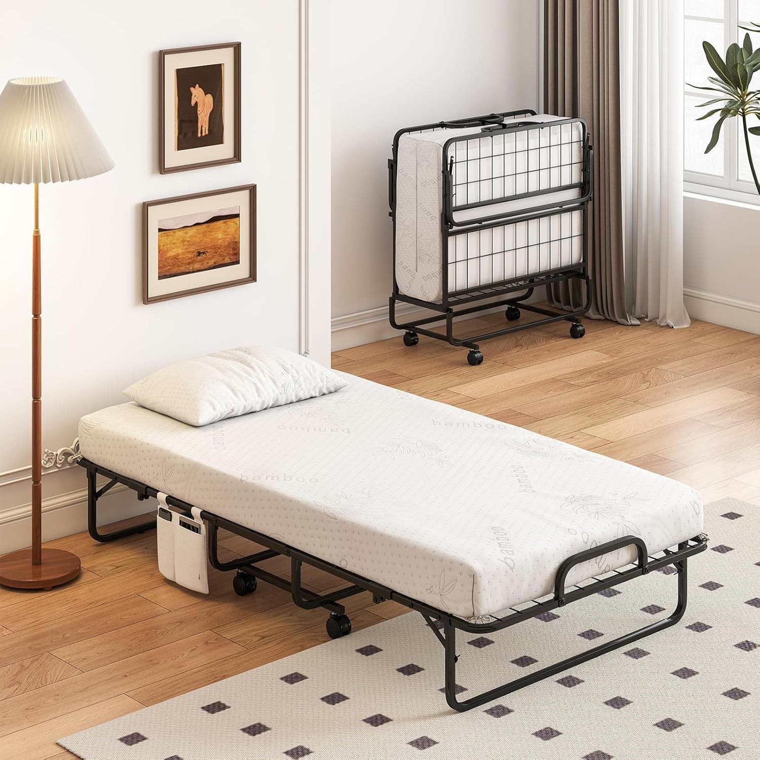 Twin Folding Bed with 5 Inch Mattr, Rollaway Guest Bed with