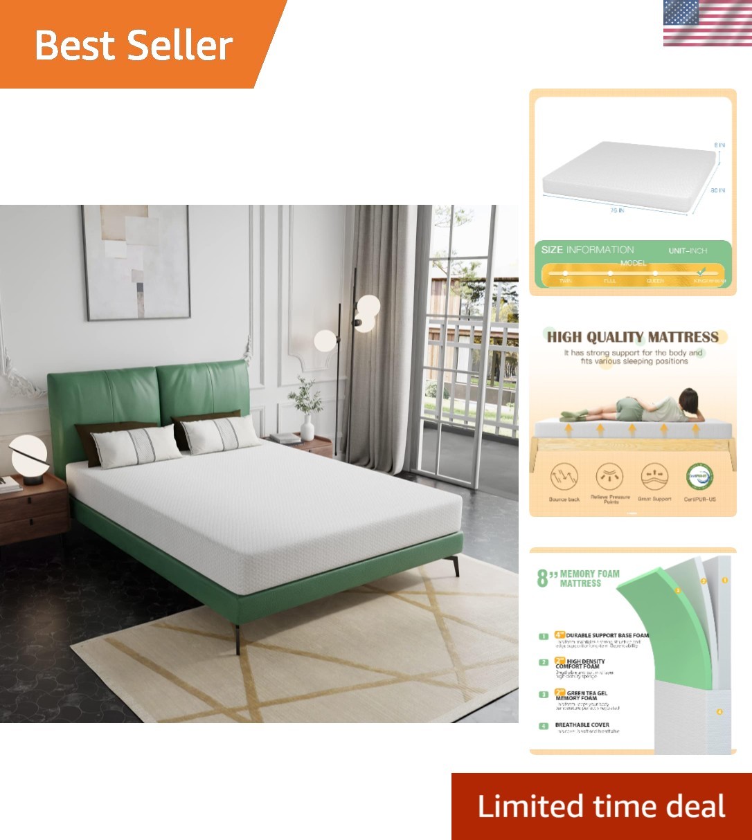 8 inch Memory Foam Mattress Cooling Gel Green Tea Infused Mattress,CertiPUR- …