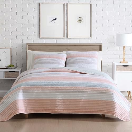 Coralinn Striped 3-Piece Quilt Set – Lightweight – Full/Queen – Full/Queen Blush