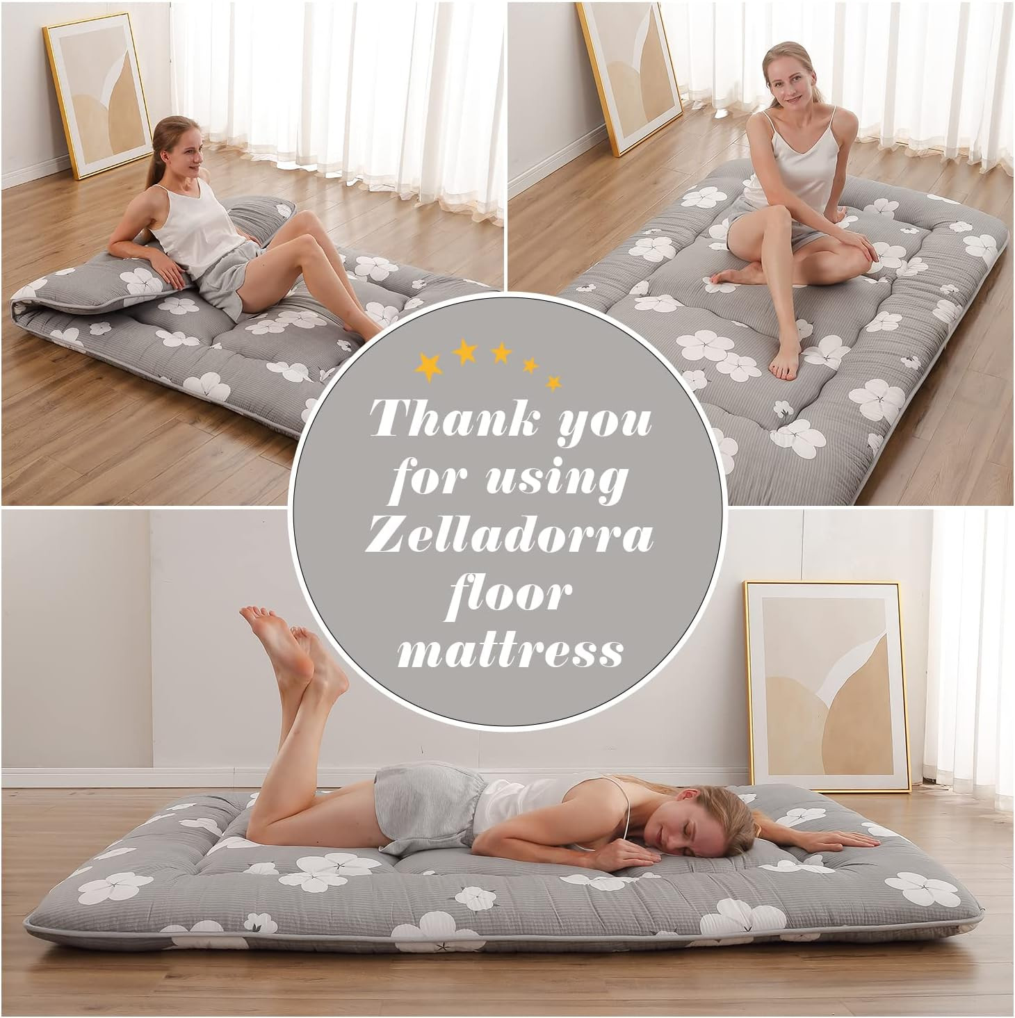 Grey Japanese Floor Mattress with Washable Cover & Storage Bag, Full Size