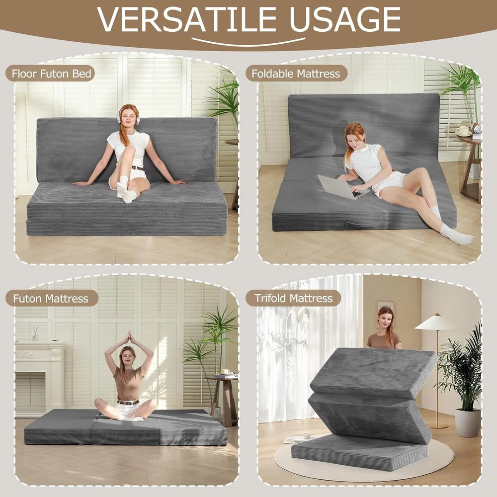 Queen Size Tri-Fold Memory Foam Mattress with Washable Cover & Carry Handles