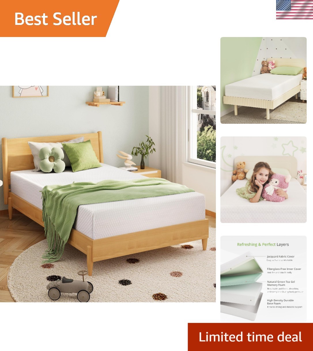 CertiPUR Certified Twin Mattress: 75»L x 38»W, Cooling Green Tea Gel Comfort
