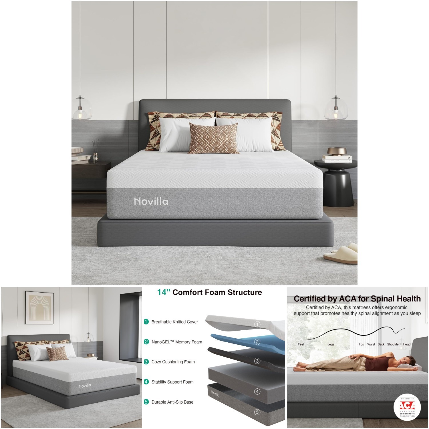14 Inch Queen Gel Memory Foam Mattress Box Pressure Relieving Grey