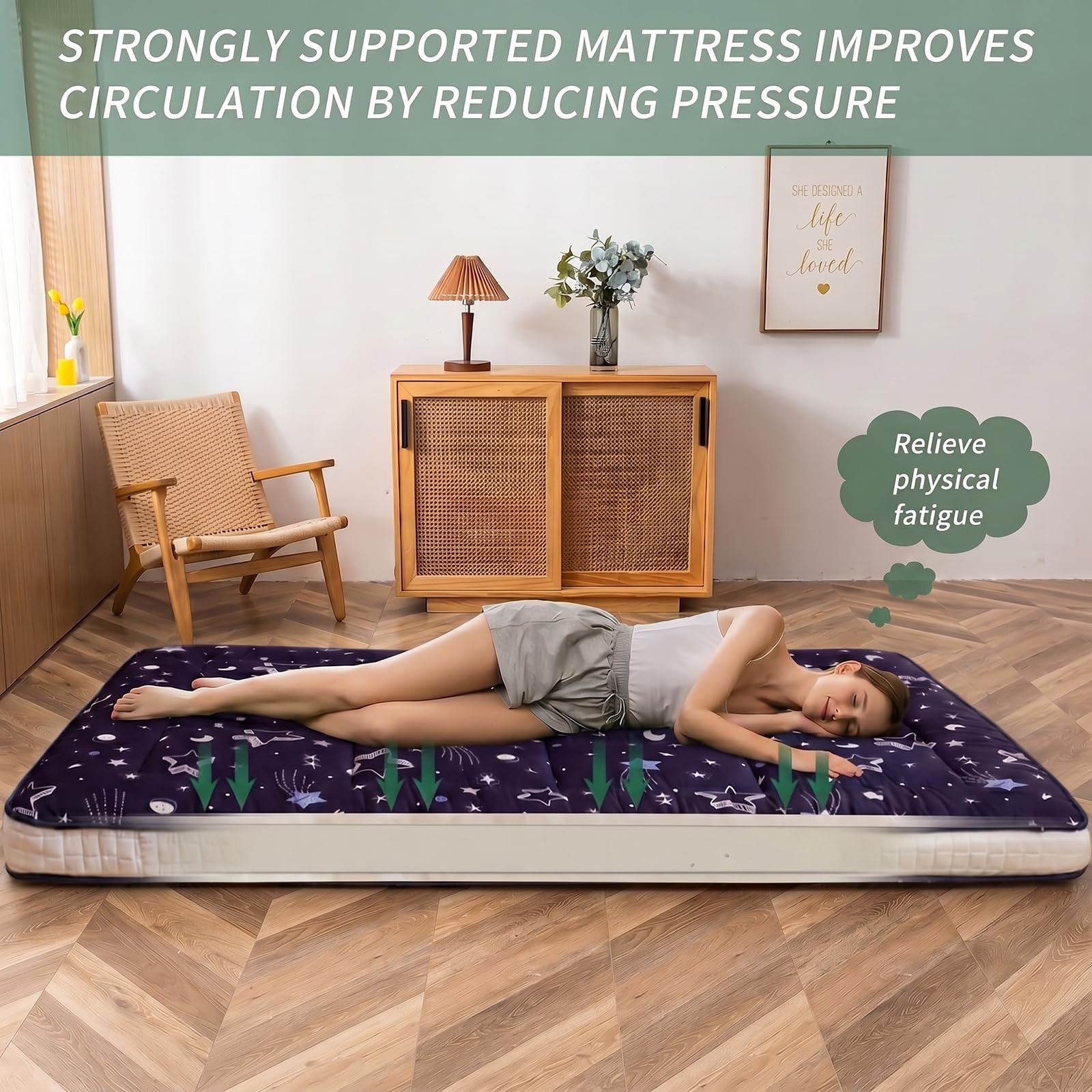 Navy Star Futon Mattress, Padded Japanese Floor Mattress Quilted Mattress Top…