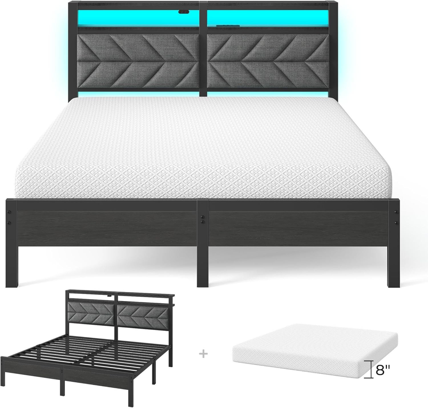 Full Size Bed Frame & 8″ Gel Memory Foam Mattress with LED Headboard