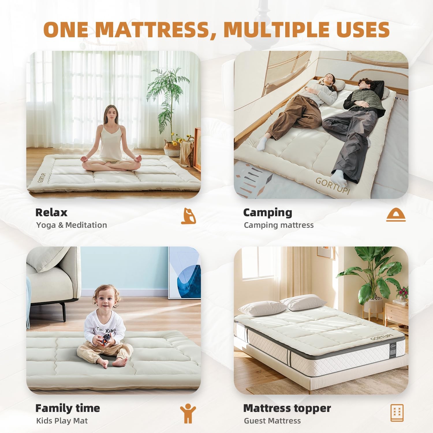 Japanese Floor Futon Mattress 3 Inch Foam Foldable Tatami Bed Kids Play Mat Beig
