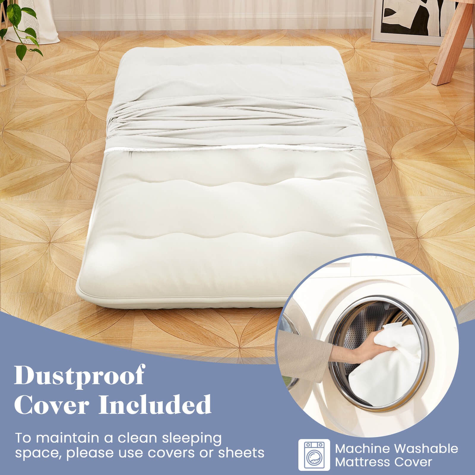 Twin Futon Mattress Japanese Sleeping Pad Lounge Bed w/ Washable Cover Beige