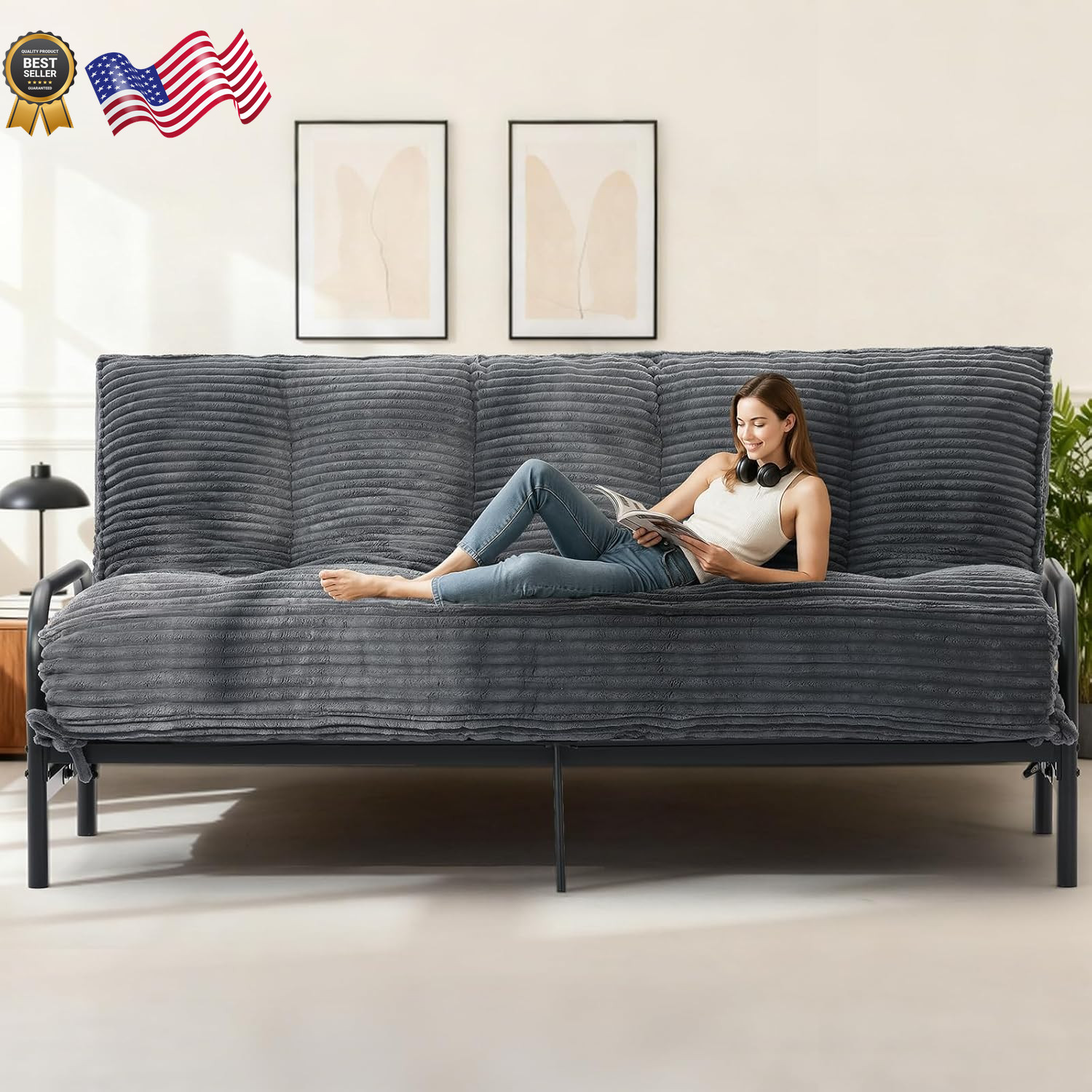 10″ Futon Mattress Queen Size Futons Sofa Couch Bed with Straps Thick Corduroy