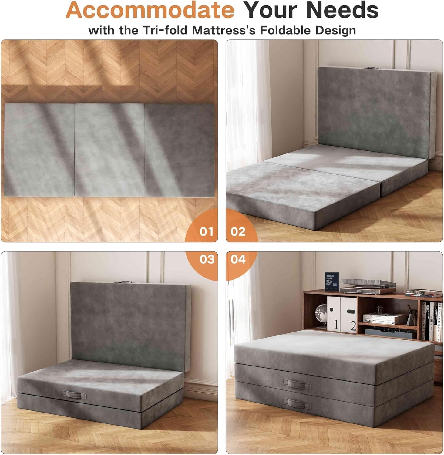 Swbvs Tri-Fold Memory Foam Mattress 4 Inch Full Folding Mattress Washable