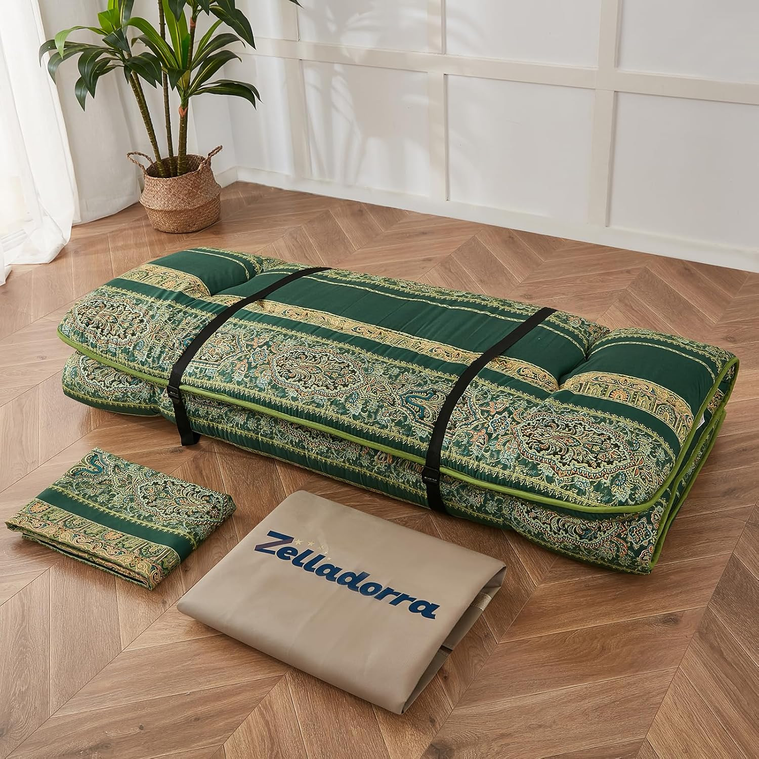 Bohemian Green Japanese Floor Mattress with Washable Cover & Storage Bag, Twin
