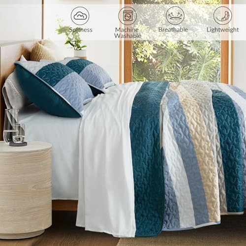 Full Queen Size Quilt Set – Reversible Blue Quilts Queen Queen(96″x90″) Navy