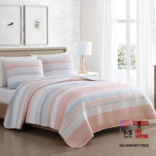Coralinn Striped 3-Piece Quilt Set – Lightweight – Full/Queen – Full/Queen Blush