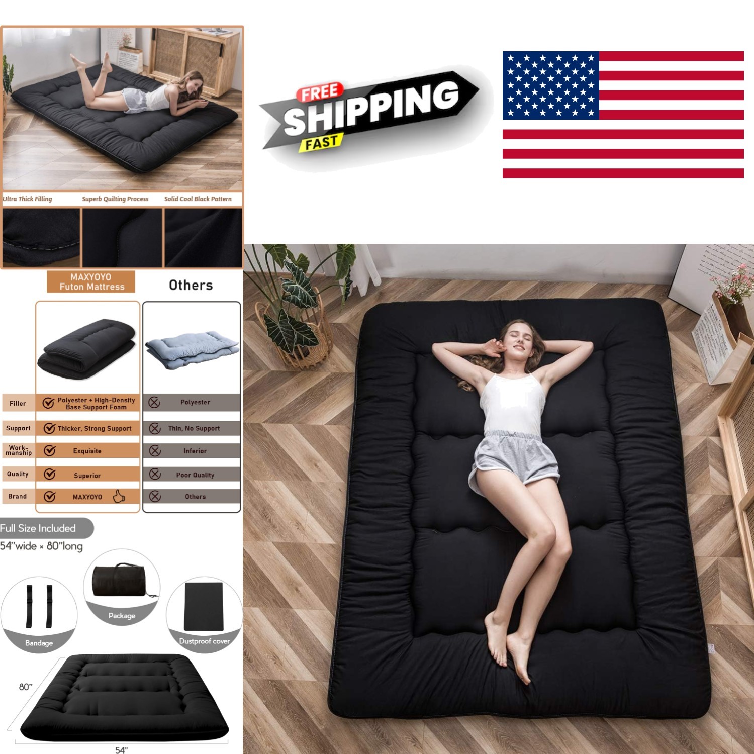 Japanese Floor Mattress Futon Full Size 4 Inch Thick Foldable Sleeping Pad Black