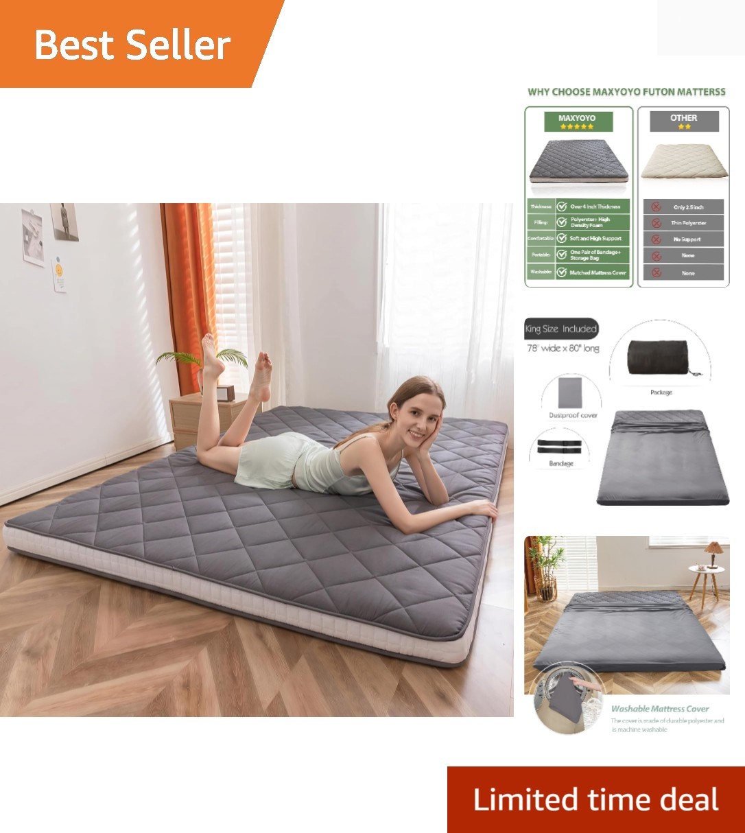 Japanese Floor Futon Mattress King Size, Floor Ftuon for Adults, Roll Up Fold…