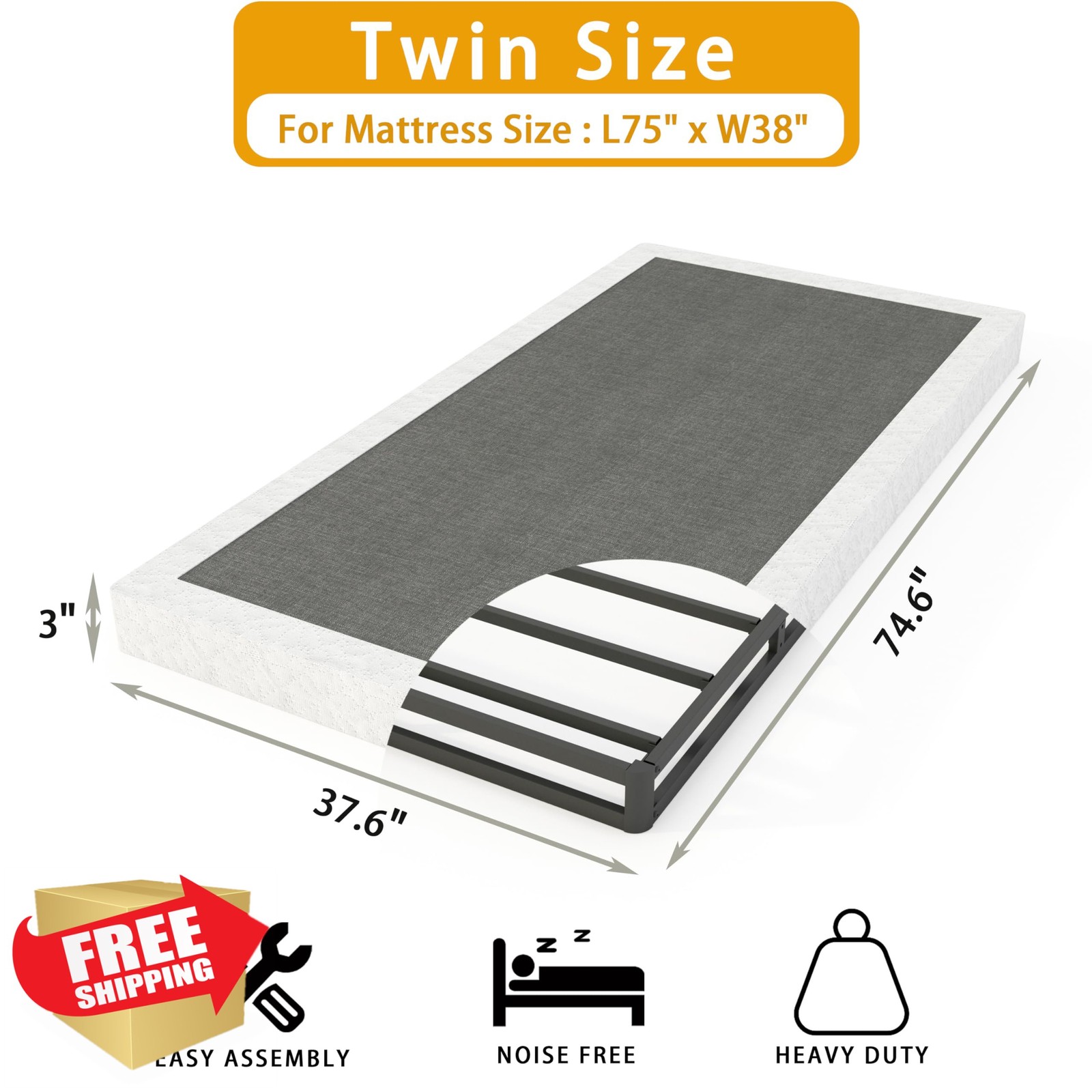 LUMUNANCE Twin 3 Inch Low Profile Box Spring Mattress Foundation Easy