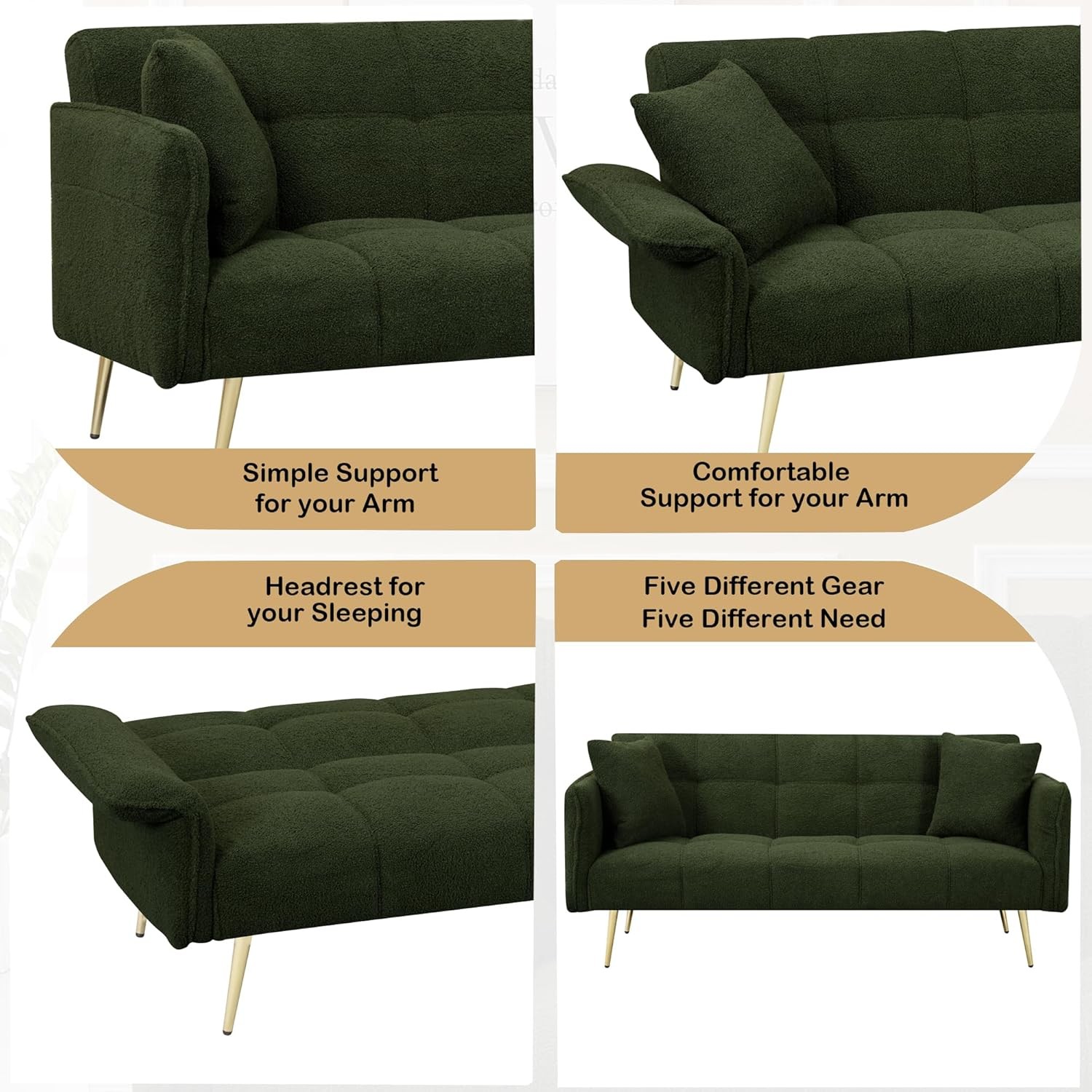 70.1″ Futon Sofa Bed with Folding Armrests,Convertible Double Couch W/ 3