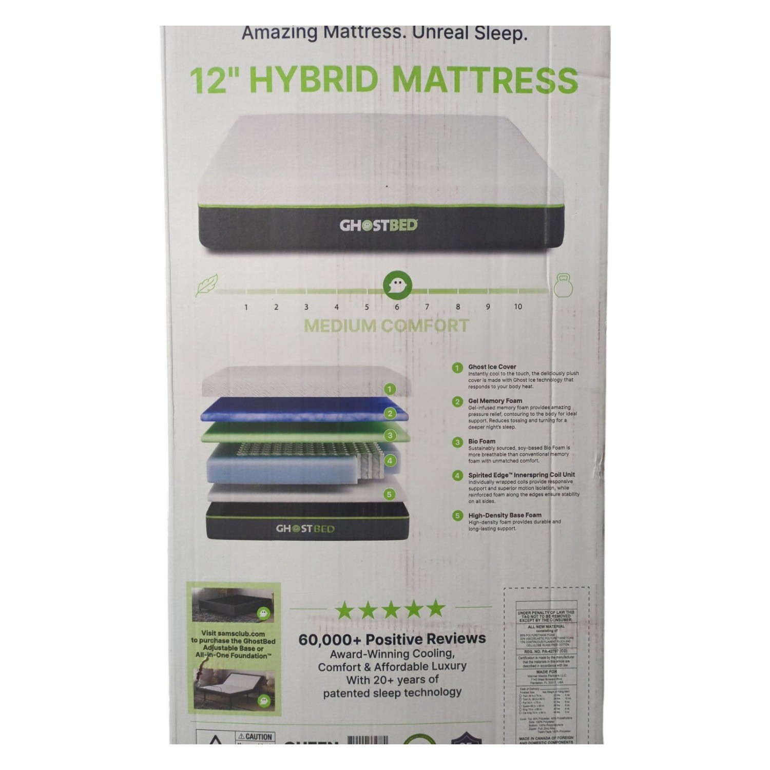 GhostBed Hybrid Gel Memory Foam & 6″ Spring Mattress, Medium, Queen