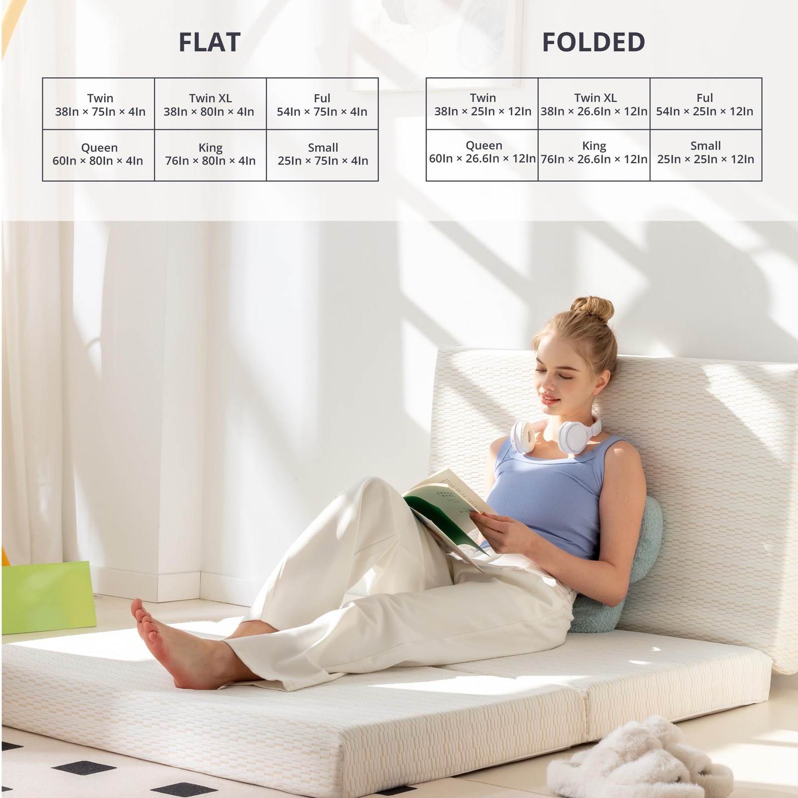 Folding Mattress, 4 inch Trifold Mattress Topper with Washable Cover and Stor…