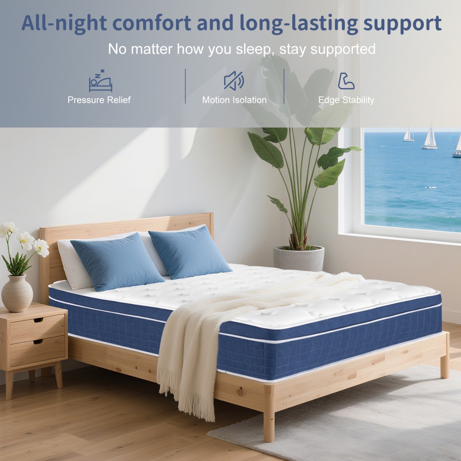 Queen Hybrid Mattress 12″ – Memory Foam Medium Firm Breathable Blue Trim