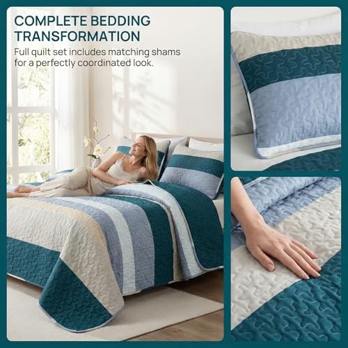 Full Queen Size Quilt Set – Reversible Blue Quilts Queen Queen(96″x90″) Navy