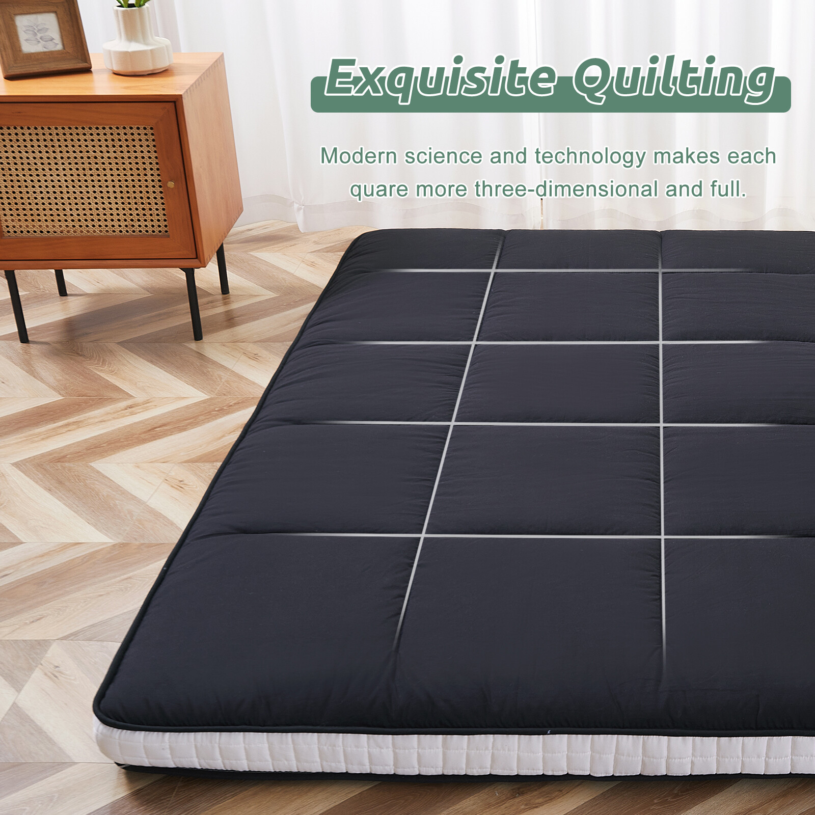 MOPHOTO Japanese Floor Mattress Wave Quilting Shiki Futon Twin Size Black Mat