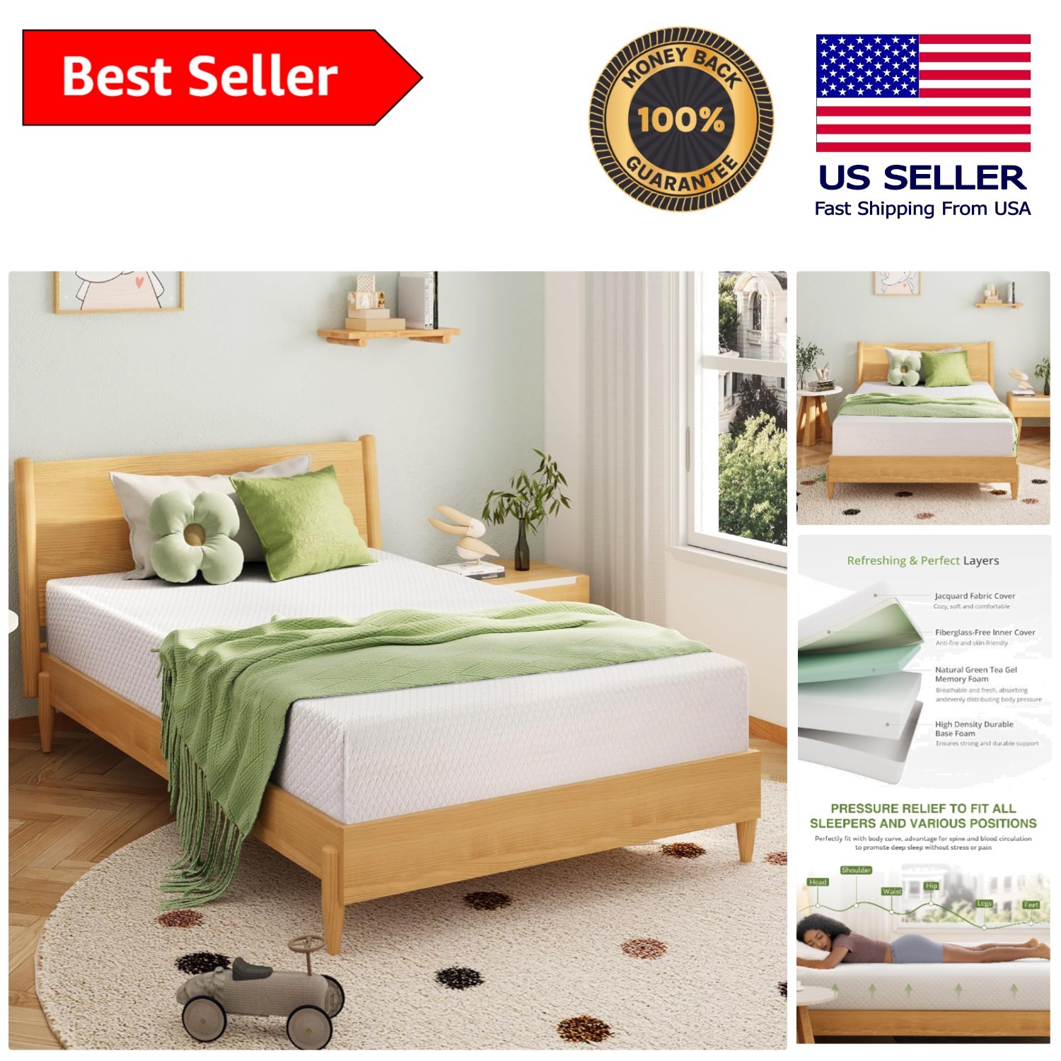 Medium Firm Twin Mattress for Kids – Pressure Relief & Cooling Gel 75»L x 38»W