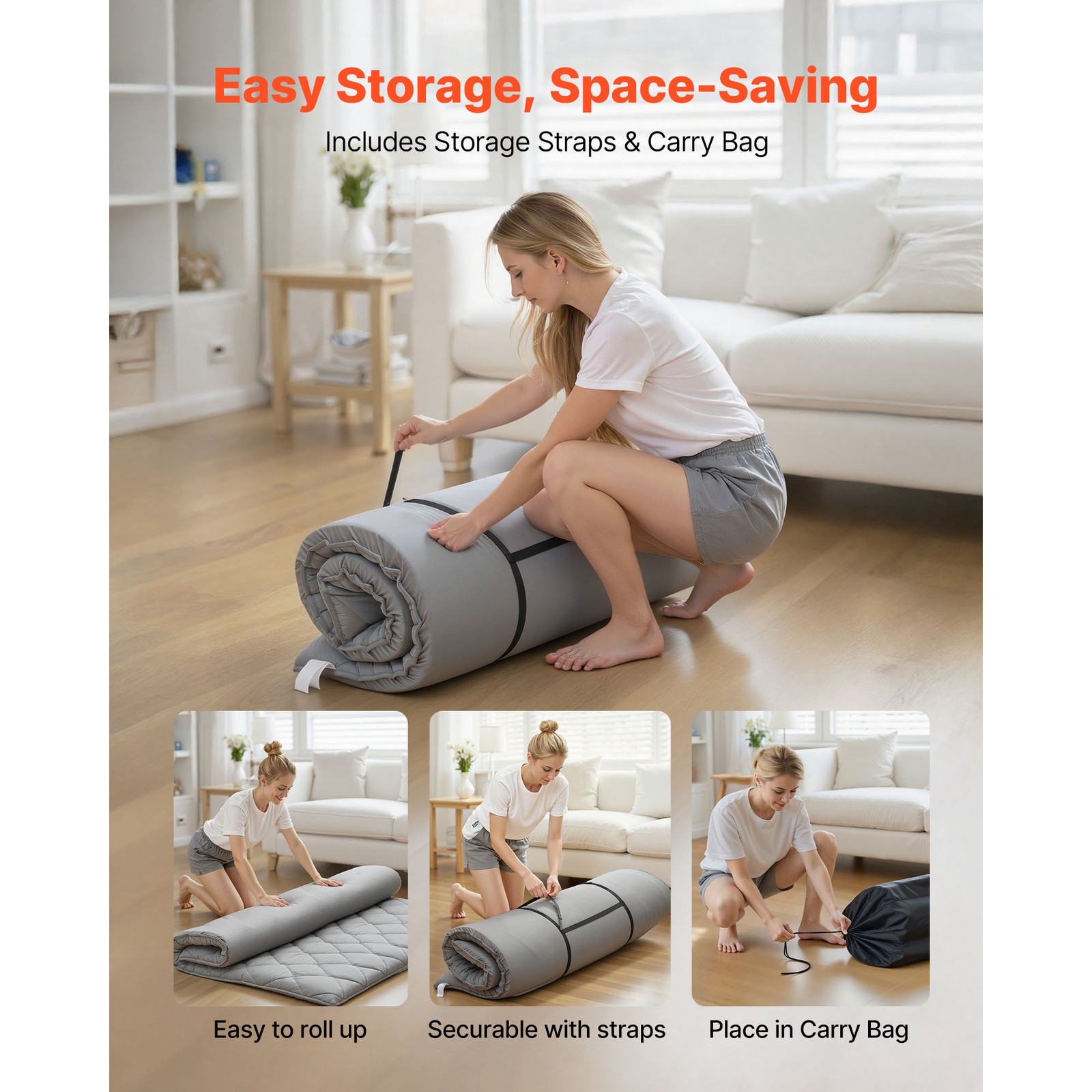 Uimoso Japanese Tatami Mattress Queen Foldable Futon Mat with Storage Bag Gray