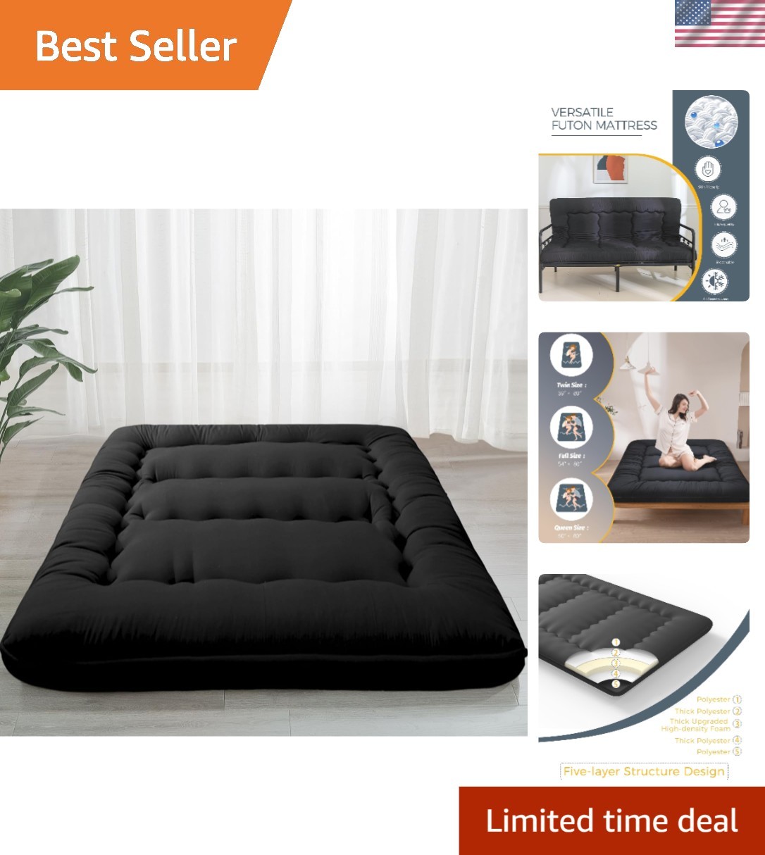 Luxurious Queen Foldable Futon – 6″ Memory Foam Sleeping Mat with Accessories