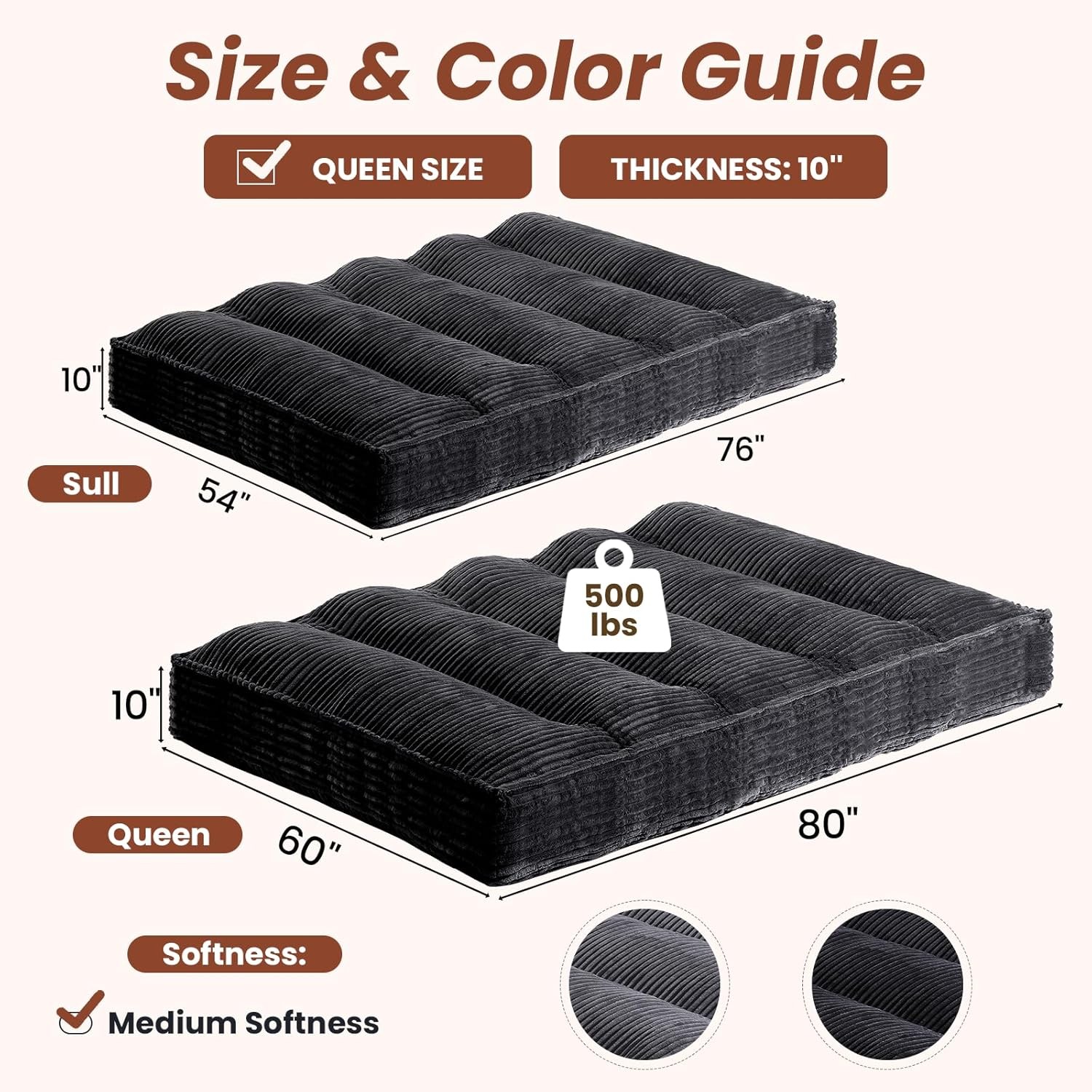 10″ Futon Mattress Queen Size,Futons Sofa Couch Bed W/ Straps Thick Corduroy