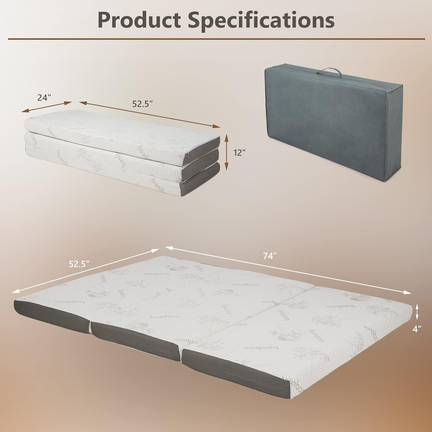 Memory Foam Tri-Fold Mattress, 4” Foldable Floor Mattress with Storage Bag, Remo