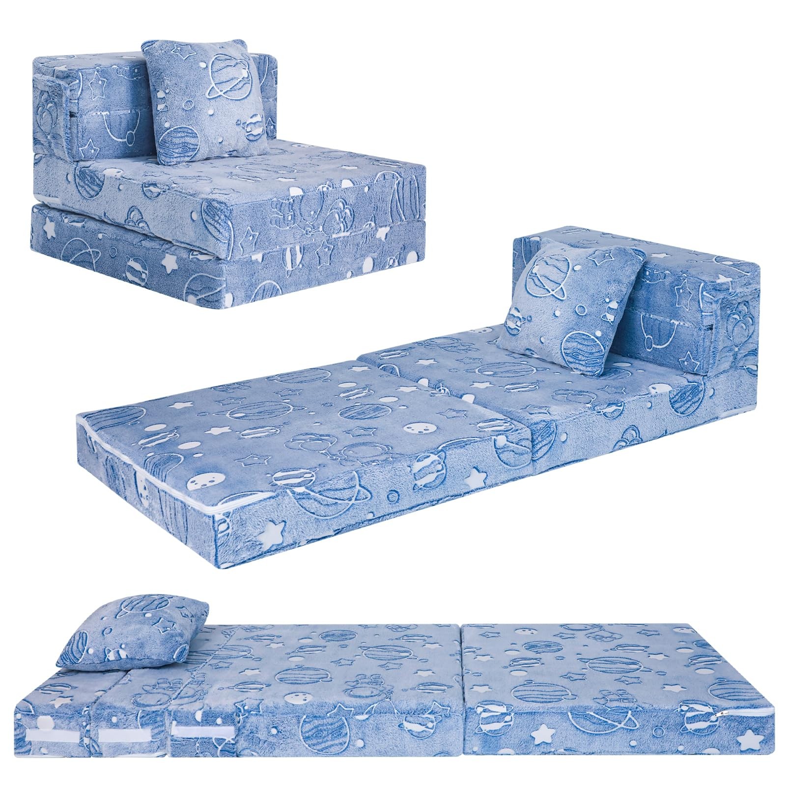 Glow Space-Themed Tri-fold Sofa Bed for , Foldable Futon Chair and Floor Couc…