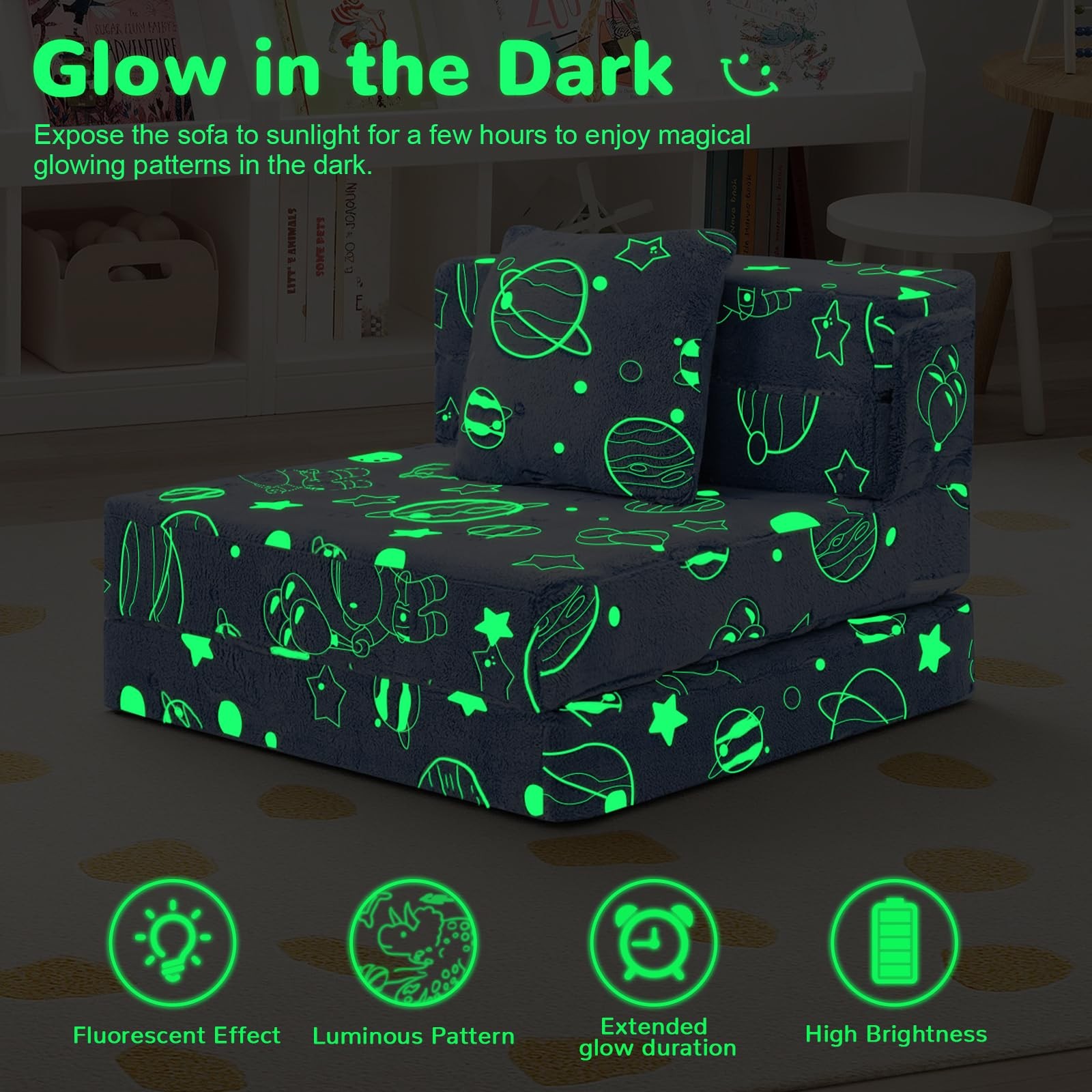 Glow Space-Themed Tri-fold Sofa Bed for , Foldable Futon Chair and Floor Couc…
