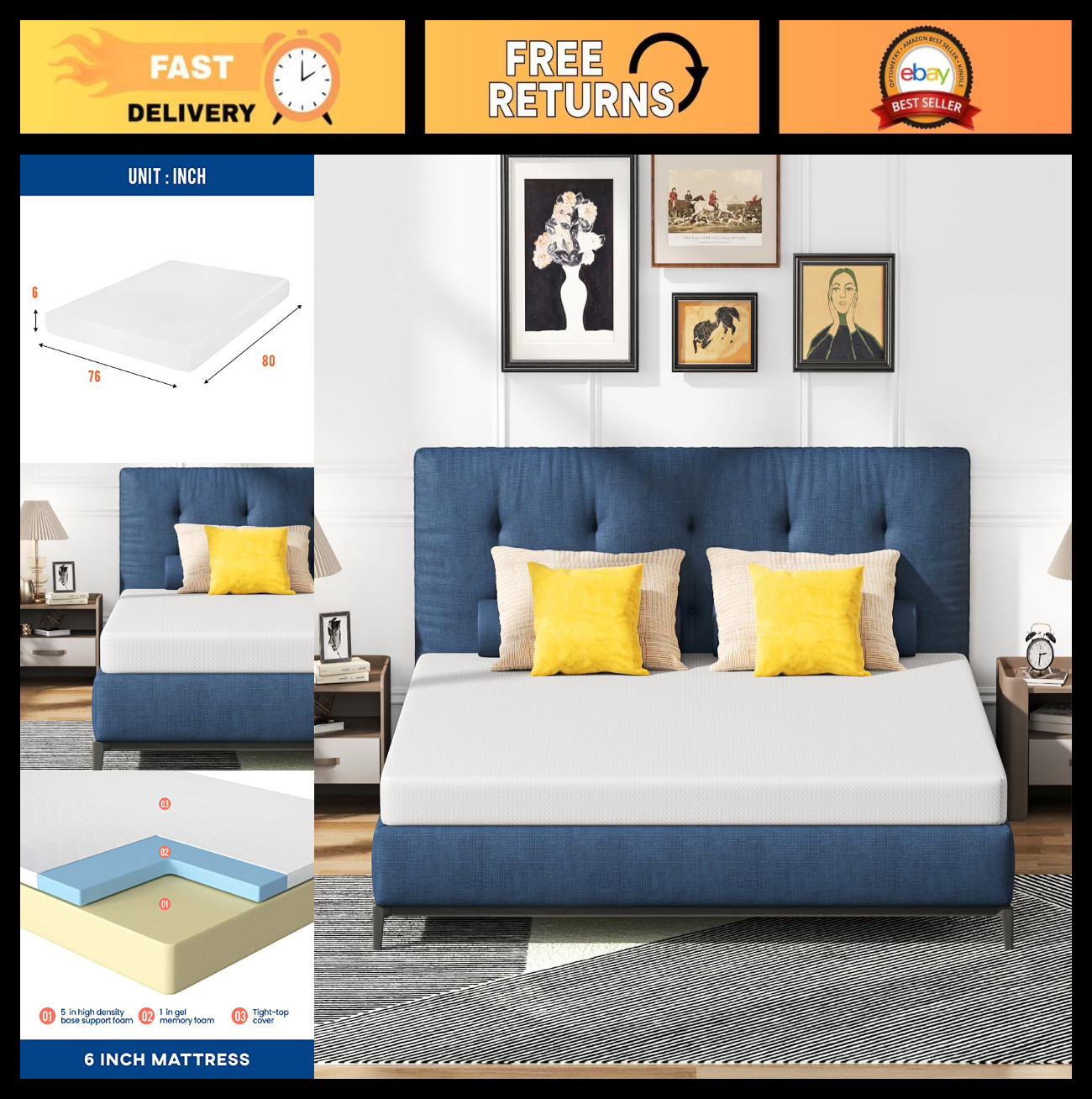 6 Inch King Gel Memory Foam Mattress – Medium Firm, Pressure Relief, Cooling, Wa