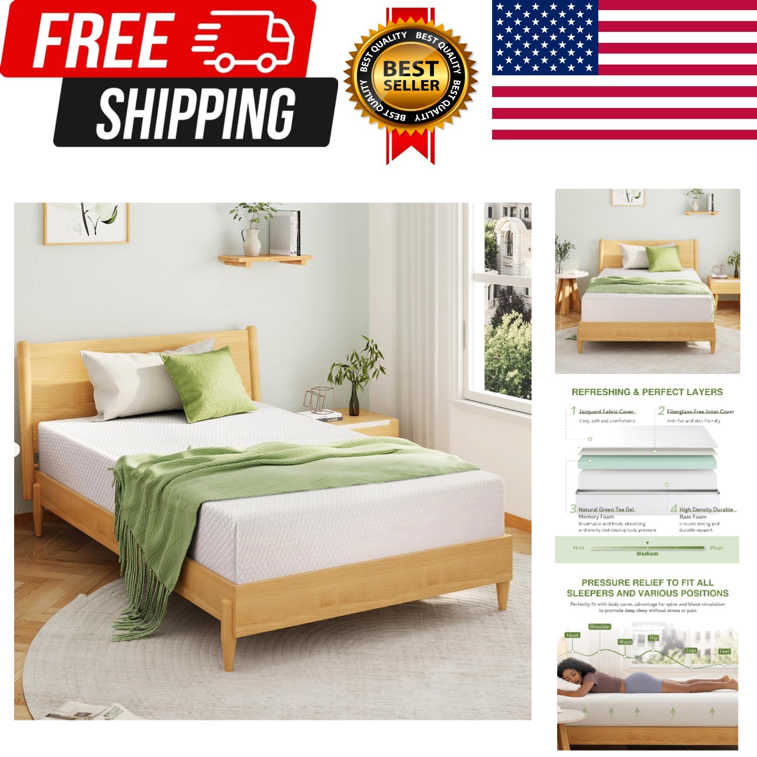 Full Size Memory Foam Mattress, Bed Mattress in A Box with Cooling Green Tea …